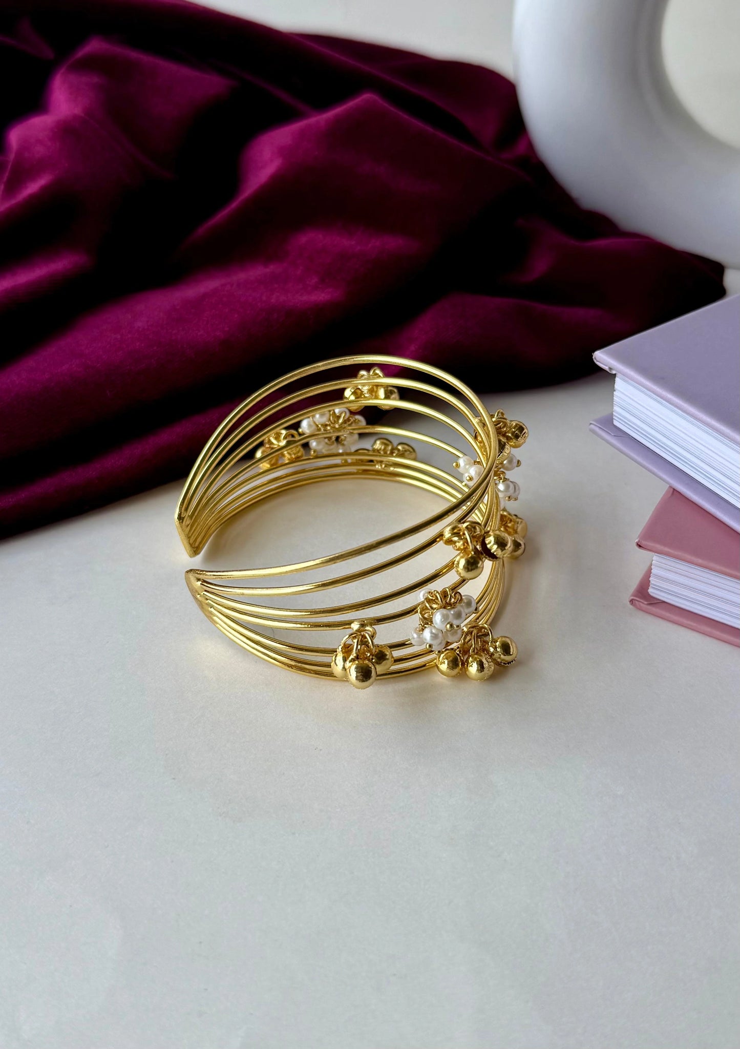 Gold-Plated Brass Cuff Bracelet with Pearl Cluster & Ghungroo Charms | Adjustable Anti-Tarnish