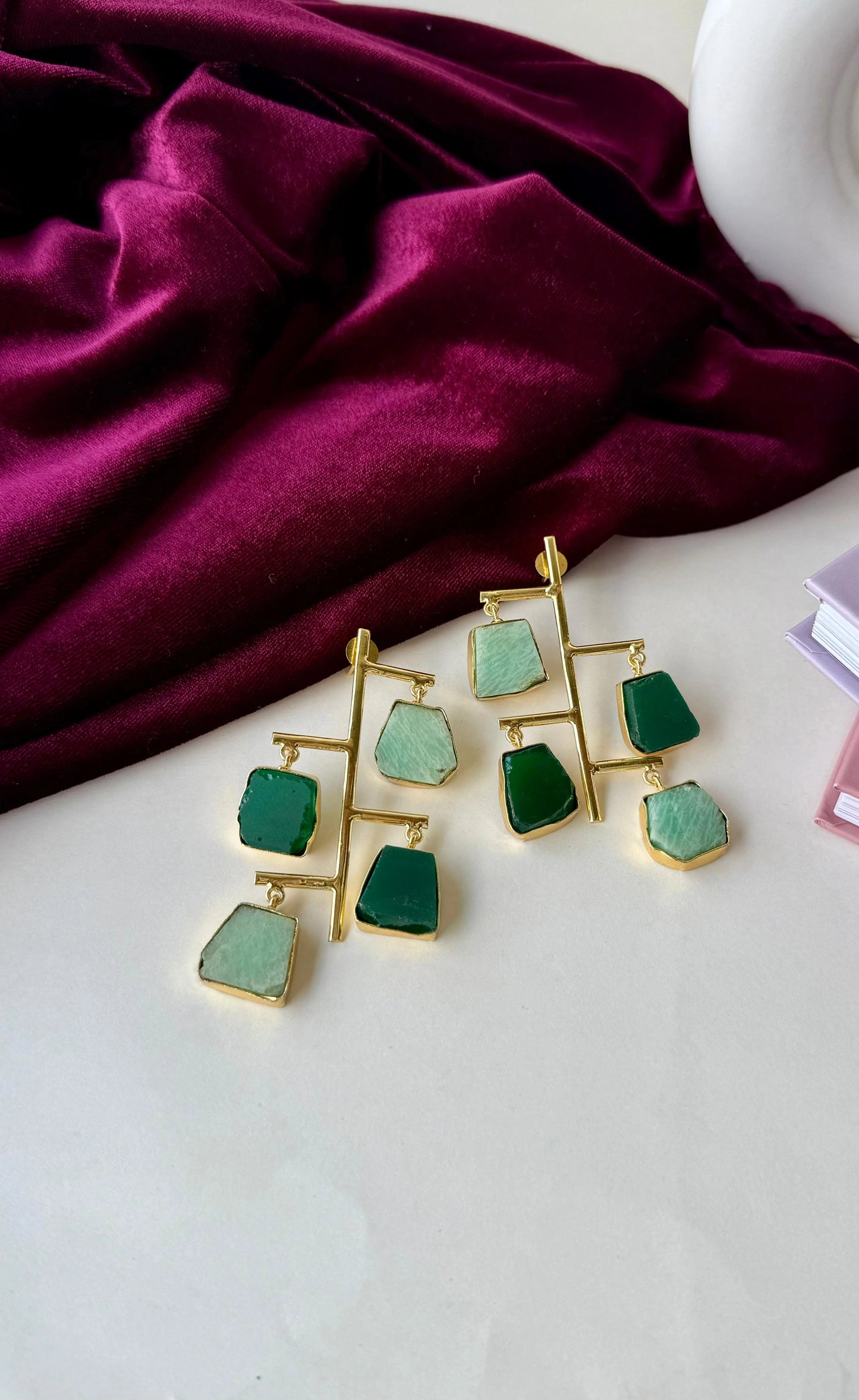Statement Geometric Drop Earrings | Green Stone Brass Earrings | Anti-Tarnish Gold Finish Dangle Jewelry