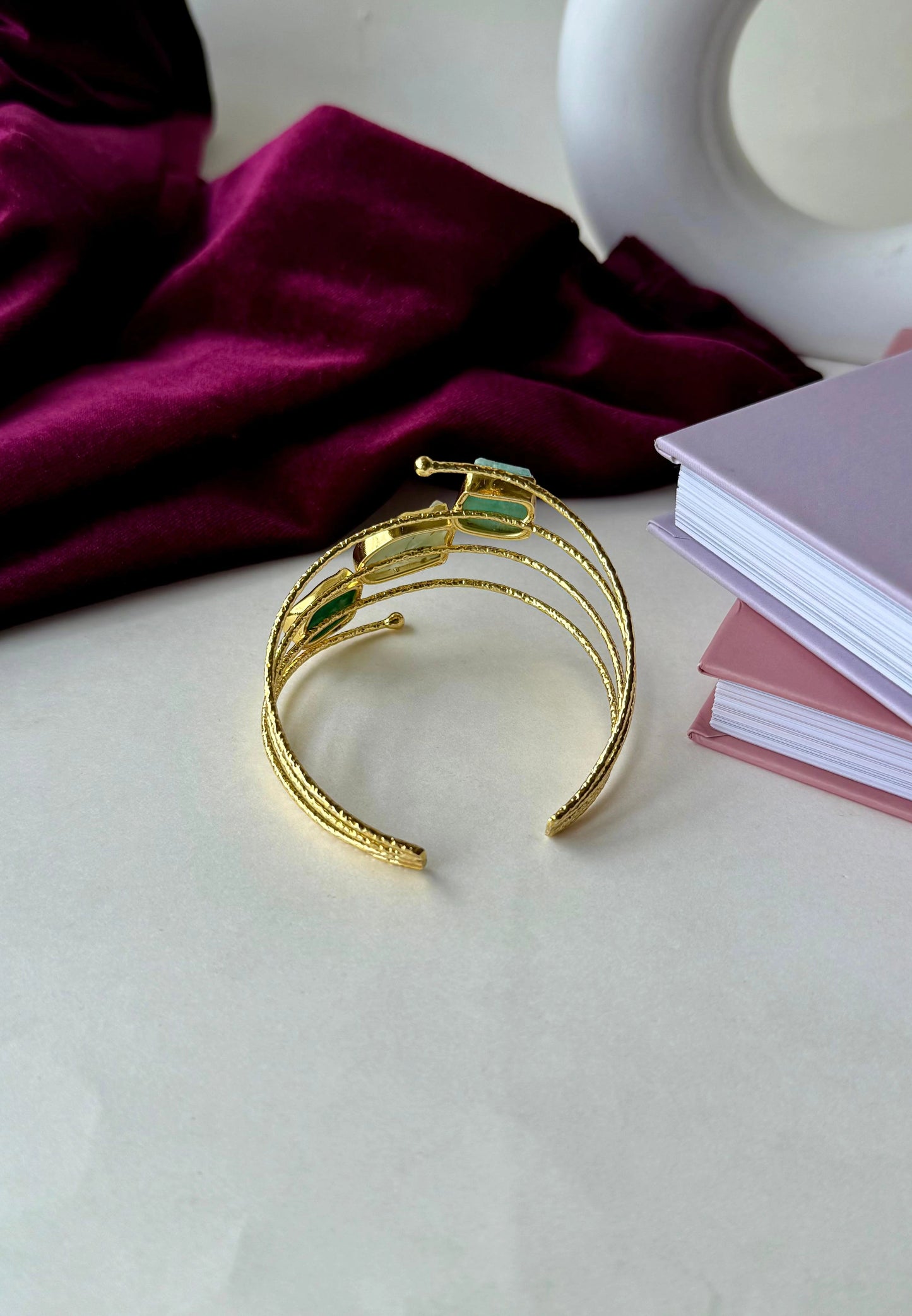 Gold Plated Brass Cuff Bracelet with Raw Gemstones | Anti-Tarnish Adjustable Bangle