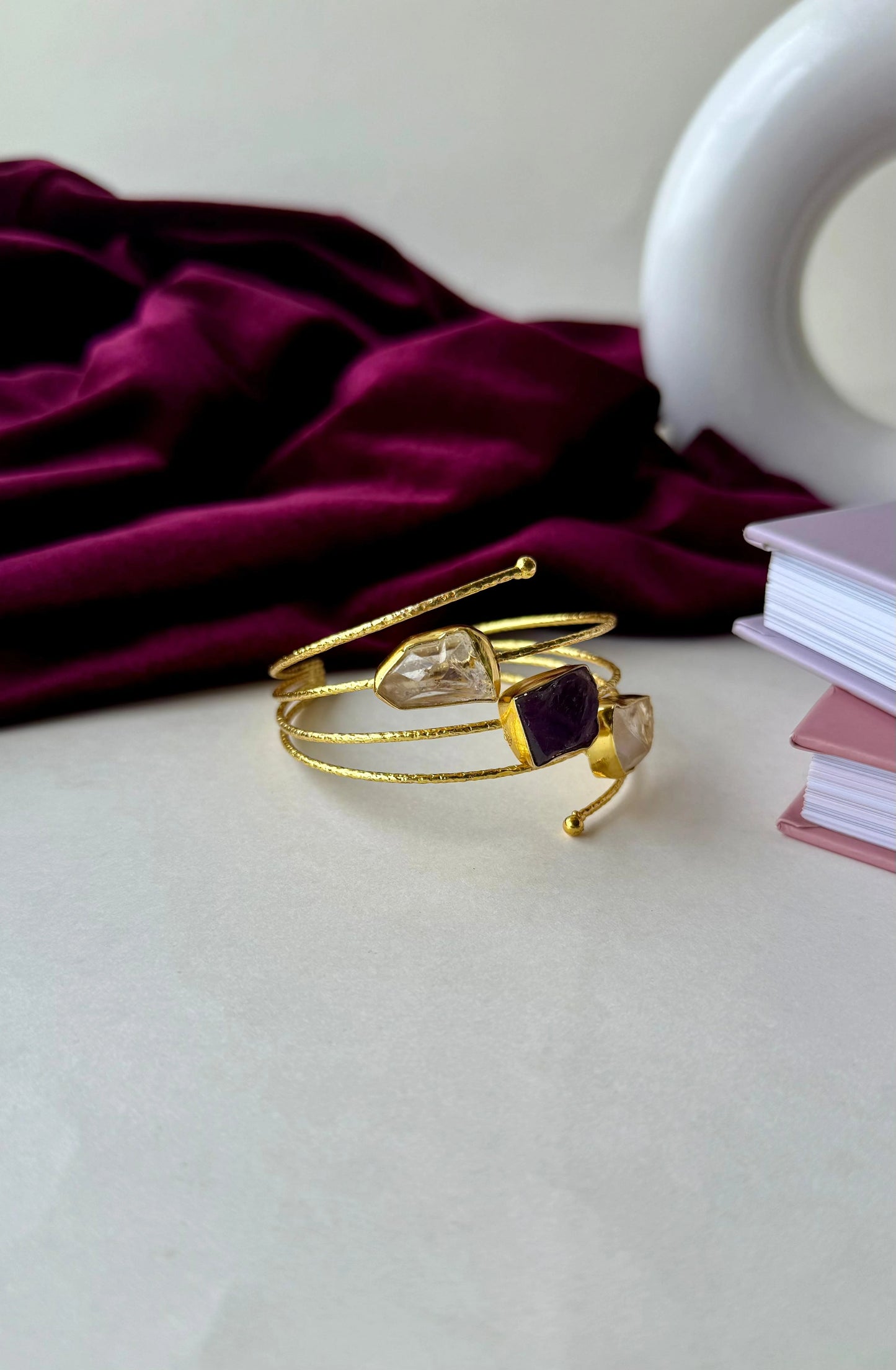Gold-Plated Brass Cuff Bracelet with Raw Gemstones | Adjustable Anti-Tarnish Spiral Bangle