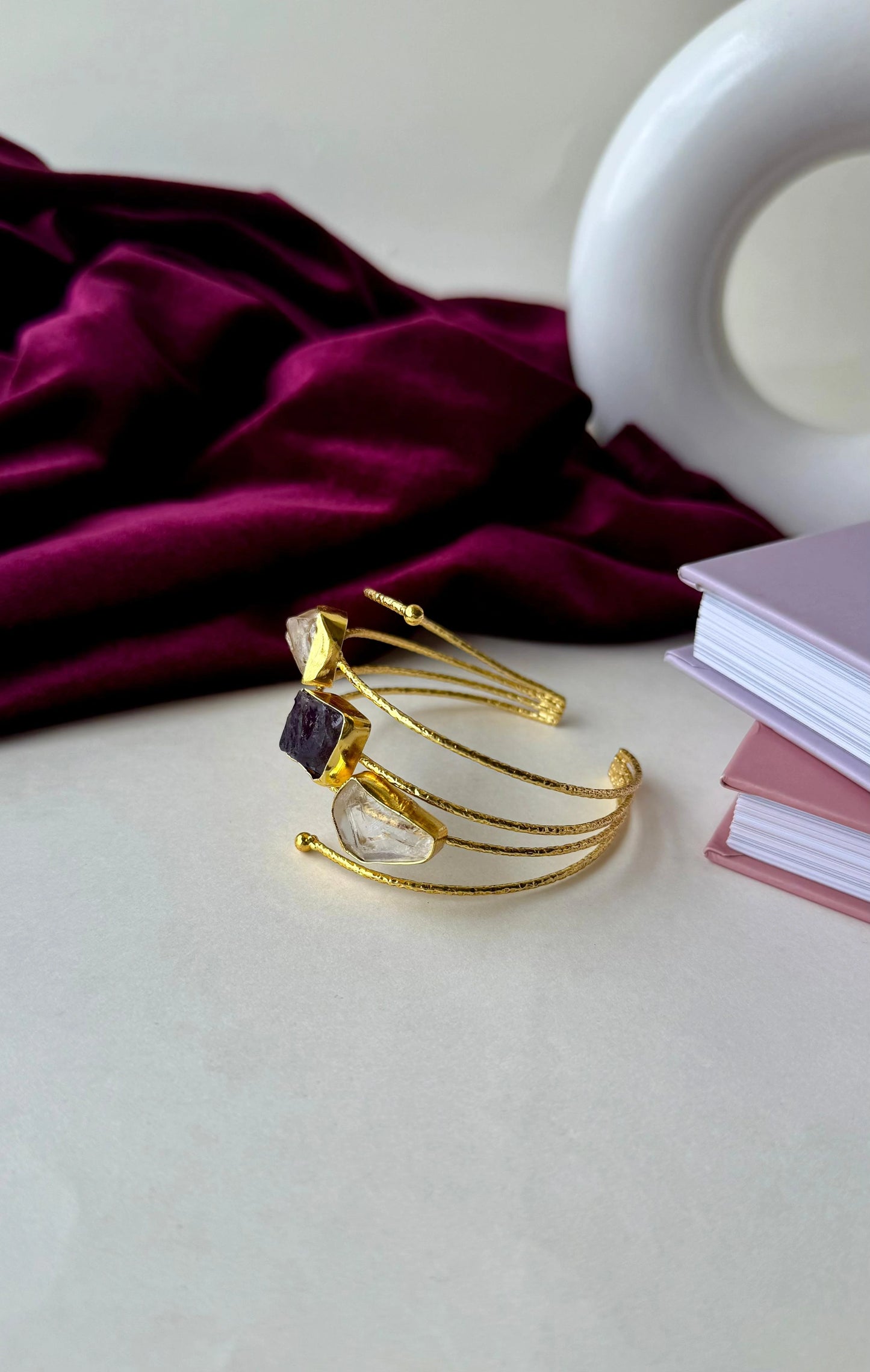 Gold-Plated Brass Cuff Bracelet with Raw Gemstones | Adjustable Anti-Tarnish Spiral Bangle