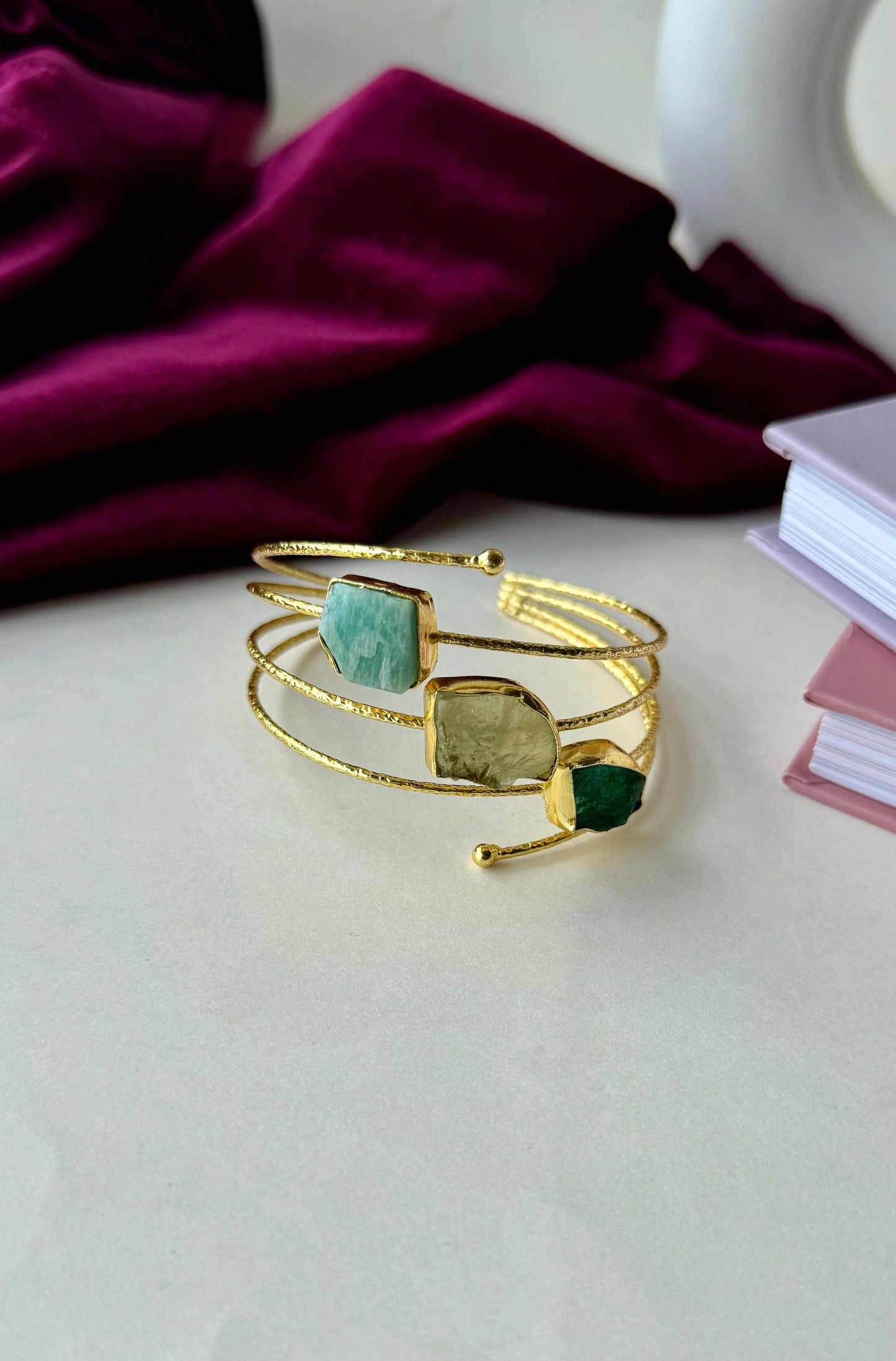 Gold Plated Brass Cuff Bracelet with Raw Gemstones | Anti-Tarnish Adjustable Bangle