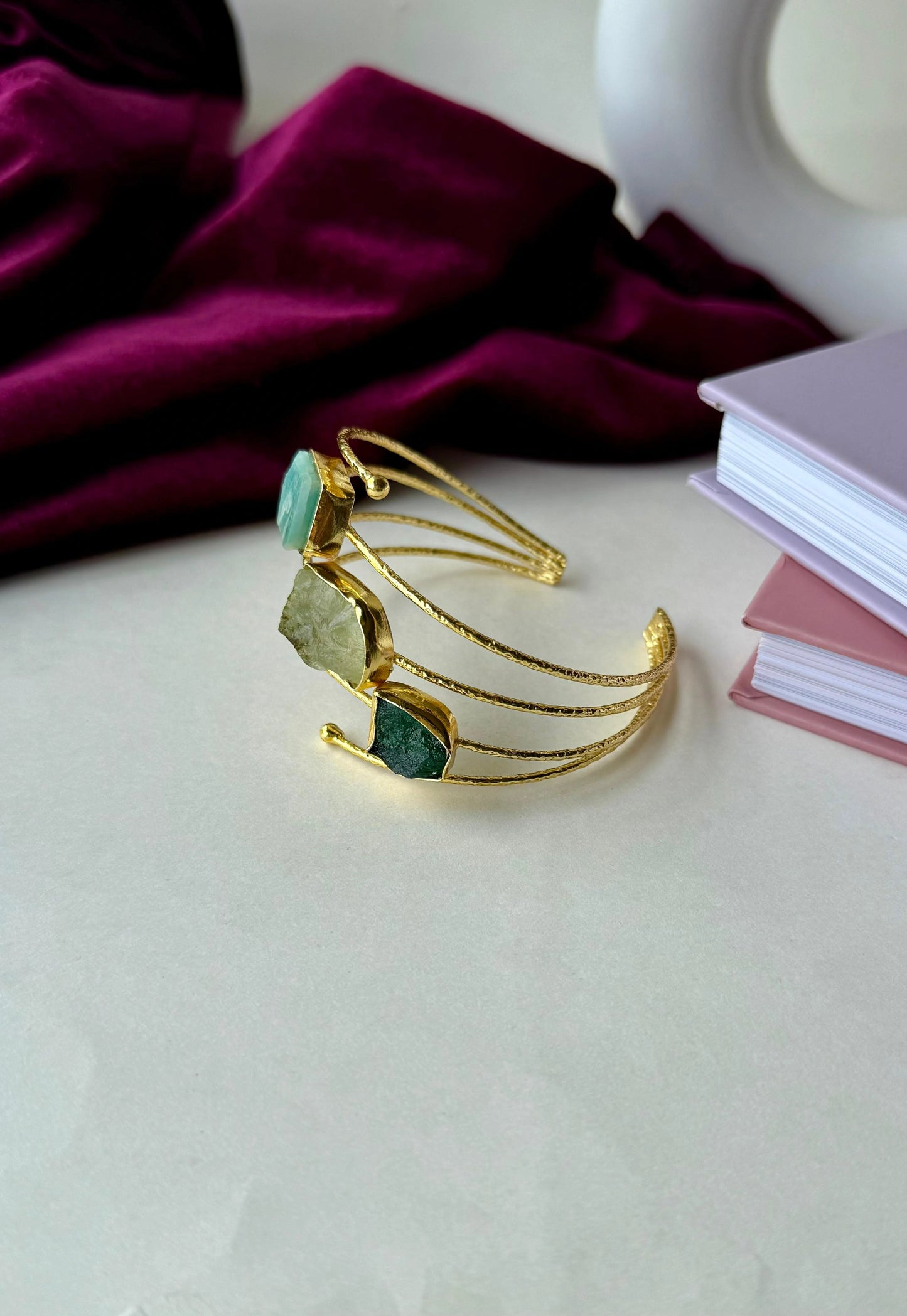 Gold Plated Brass Cuff Bracelet with Raw Gemstones | Anti-Tarnish Adjustable Bangle