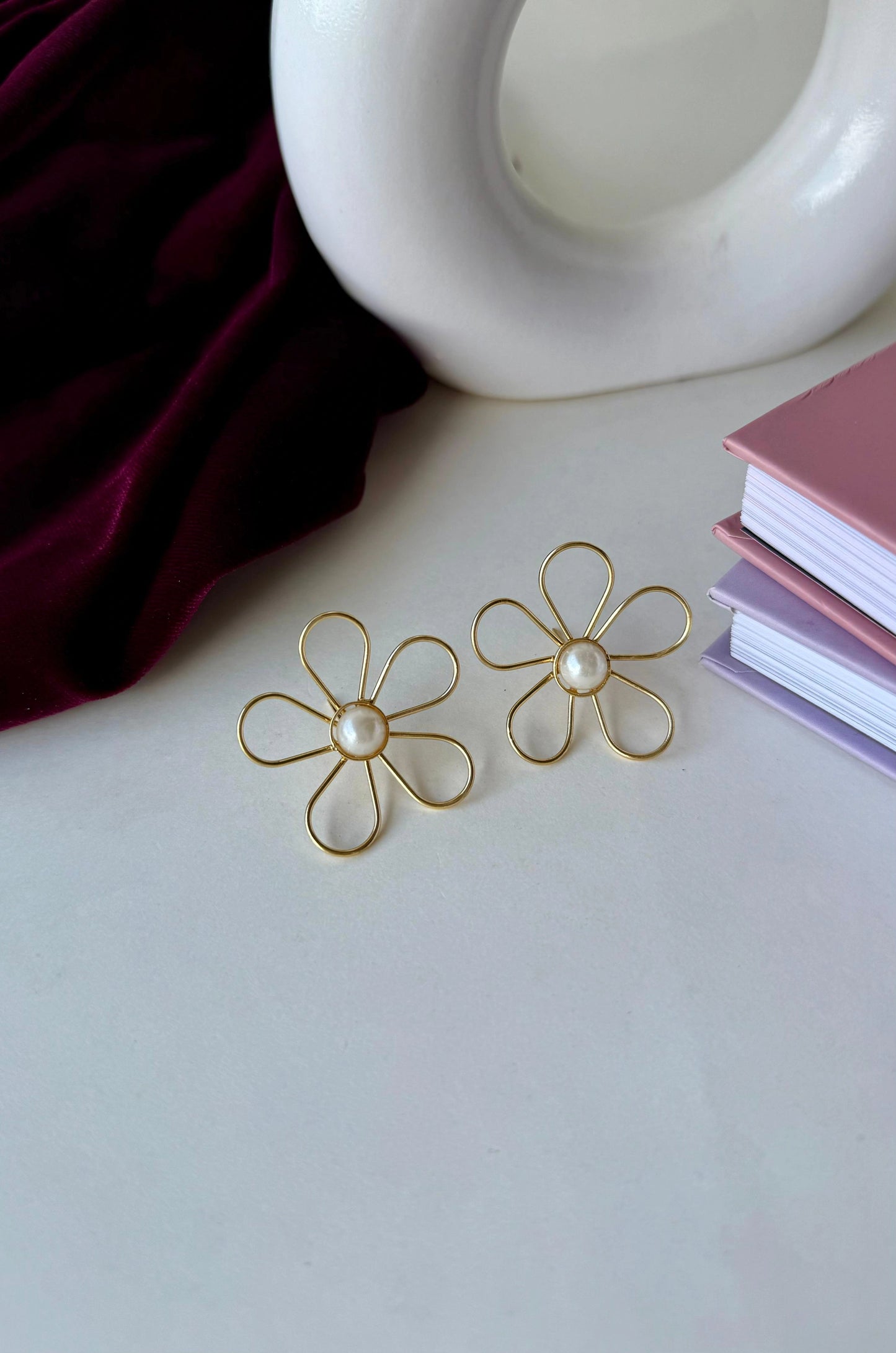 Floral Pearl Stud Earrings | Anti-Tarnish Brass Flower Earrings | Lightweight Minimal Gold Studs