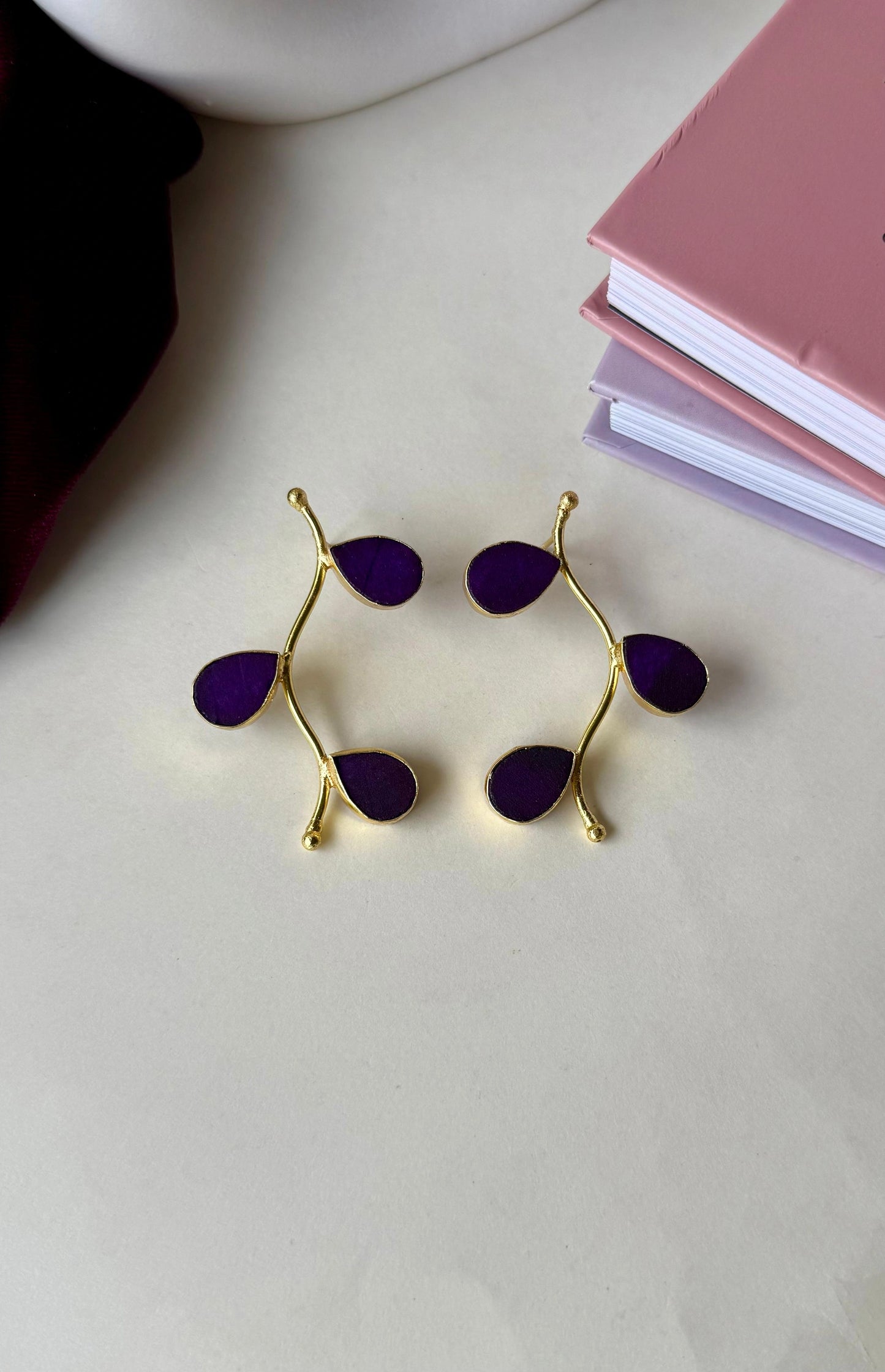Purple Leaf Drop Earrings – Anti-Tarnish Gold Brass Botanical Statement Jewelry