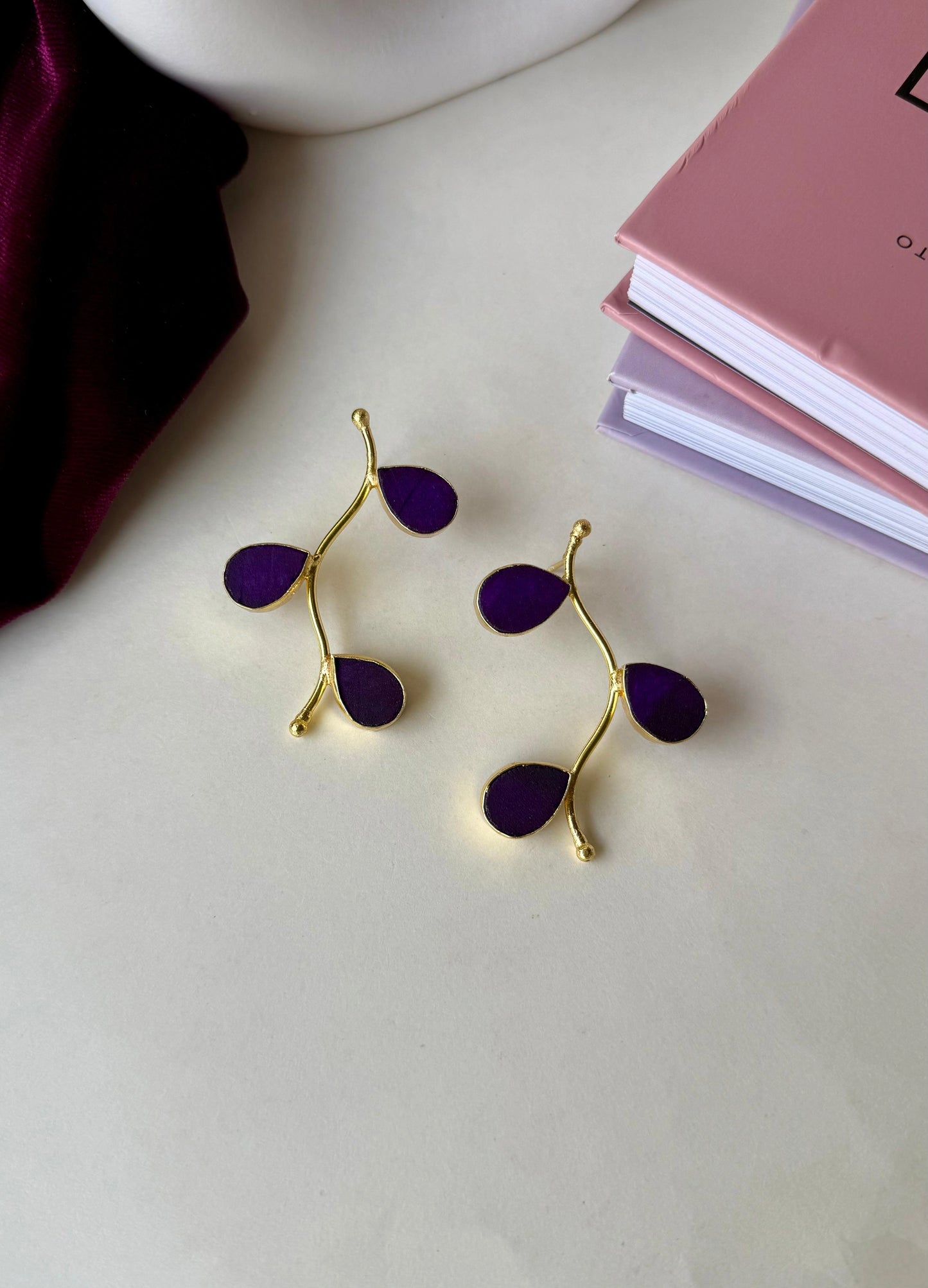 Purple Leaf Drop Earrings – Anti-Tarnish Gold Brass Botanical Statement Jewelry