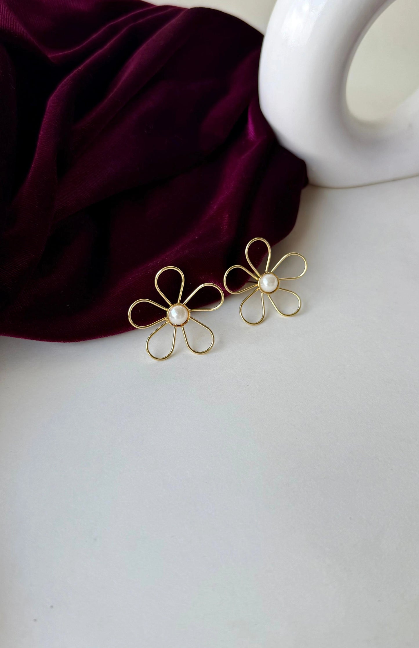 Floral Pearl Stud Earrings | Anti-Tarnish Brass Flower Earrings | Lightweight Minimal Gold Studs