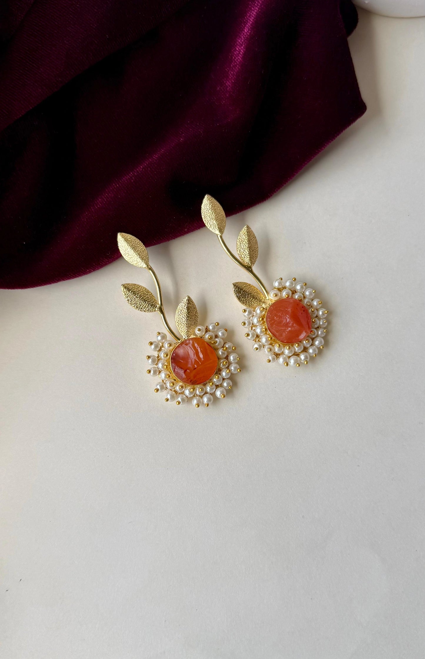 Elegant Leaf Motif Anti-Tarnish Brass Earrings with Pearl & Stone Center – Available in Orange, Lavender & Green