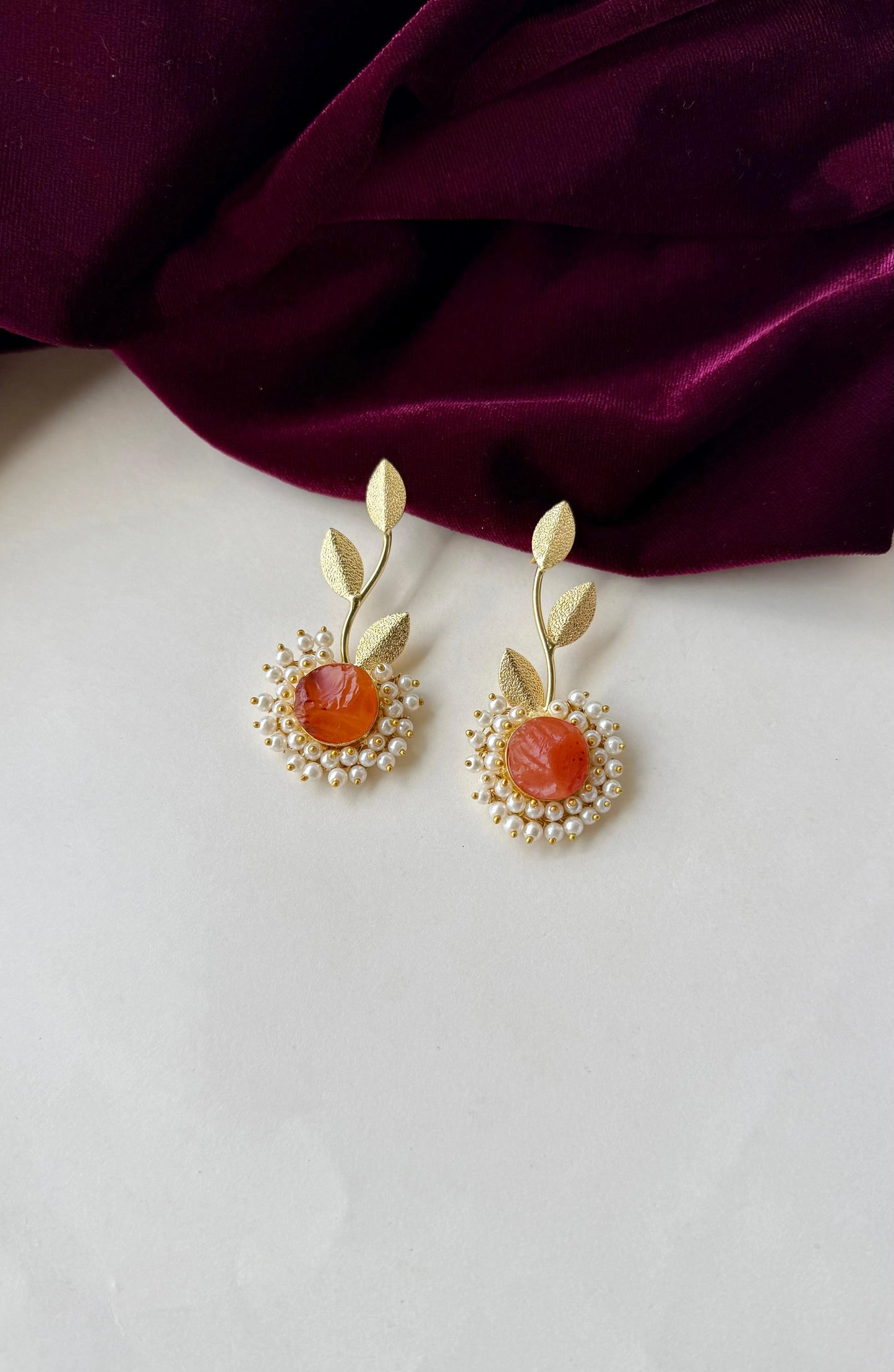 Elegant Leaf Motif Anti-Tarnish Brass Earrings with Pearl & Stone Center – Available in Orange, Lavender & Green