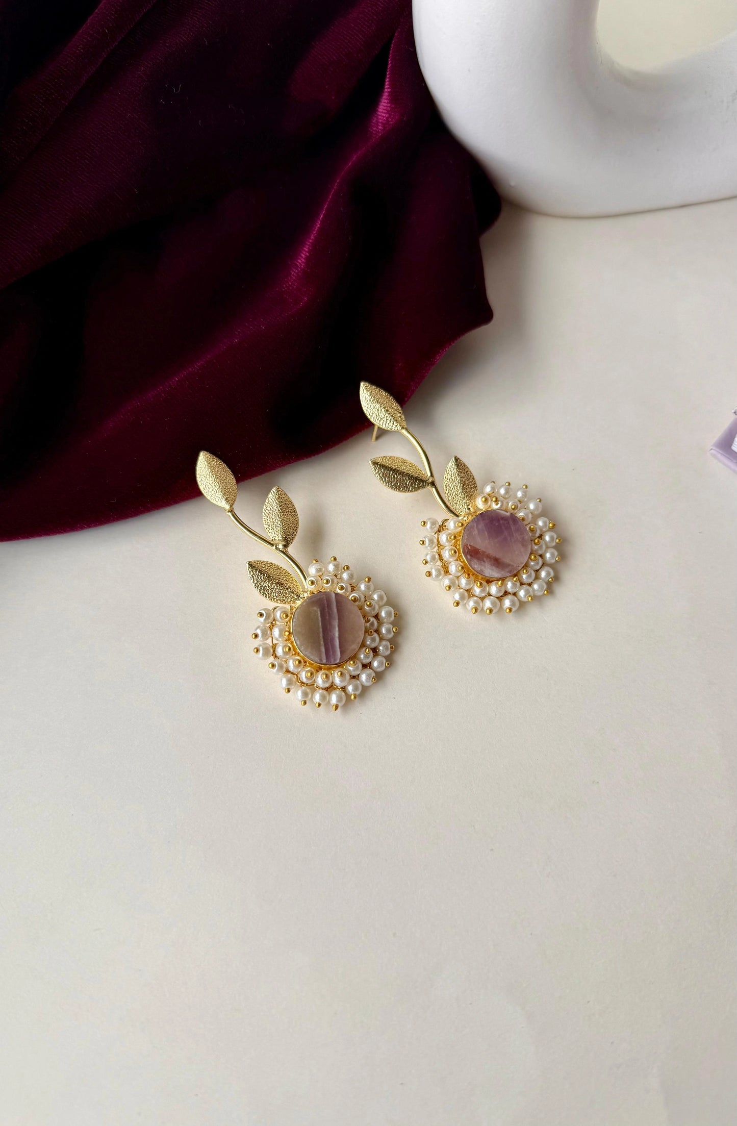 Elegant Leaf Motif Anti-Tarnish Brass Earrings with Pearl & Stone Center – Available in Orange, Lavender & Green