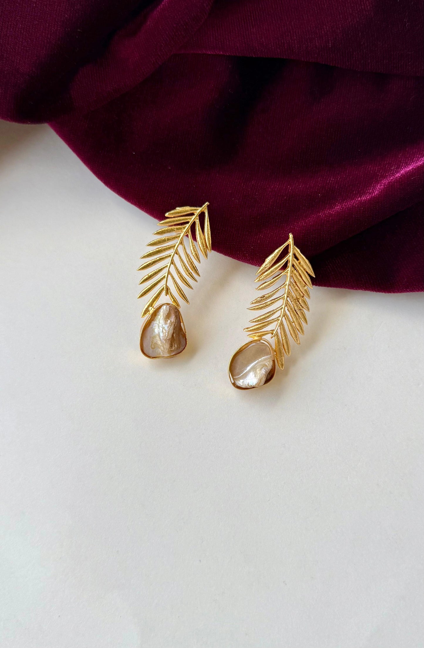 Gold-Plated Brass Leaf Earrings with Baroque Pearl Drop | Anti-Tarnish Botanical Dangle Earrings