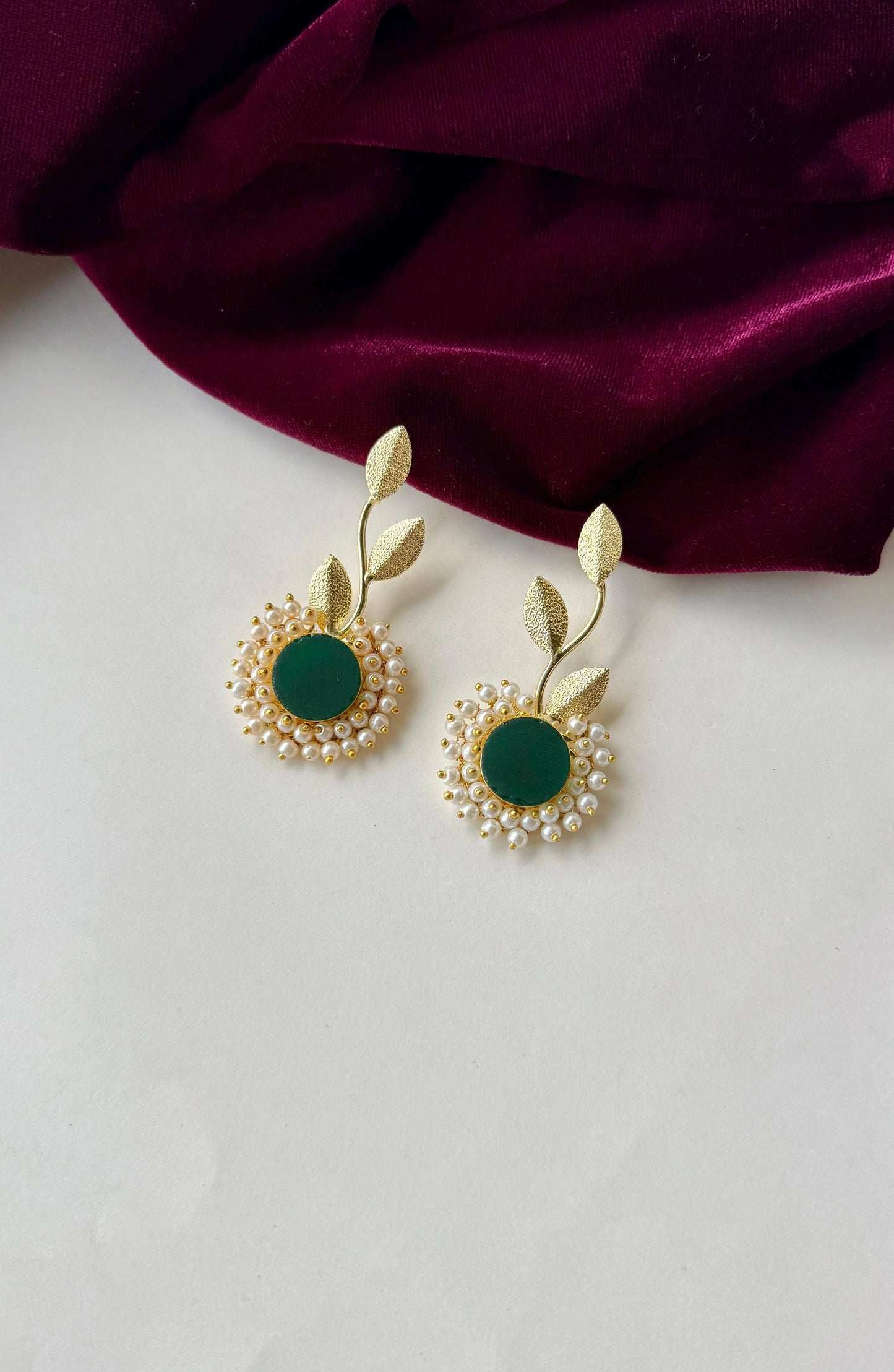 Elegant Leaf Motif Anti-Tarnish Brass Earrings with Pearl & Stone Center – Available in Orange, Lavender & Green