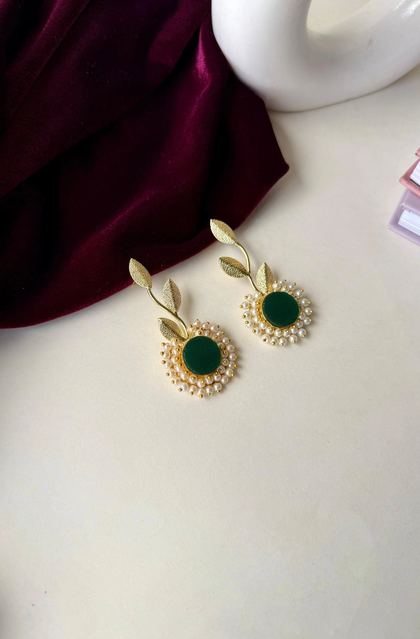Elegant Leaf Motif Anti-Tarnish Brass Earrings with Pearl & Stone Center – Available in Orange, Lavender & Green