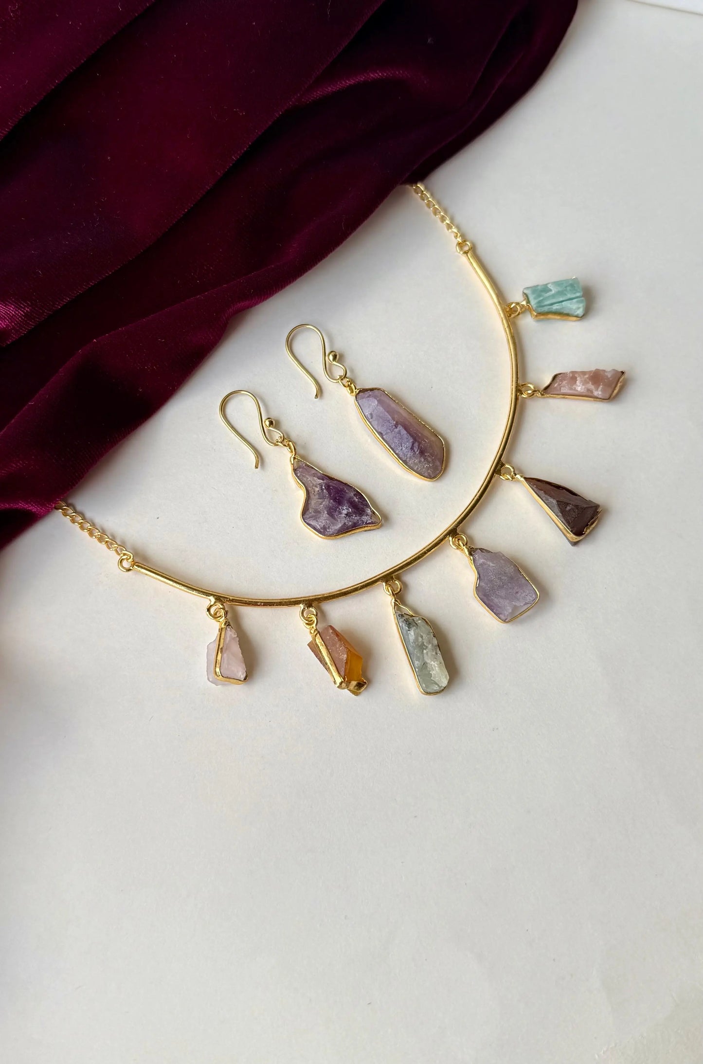 Raw Crystal Necklace & Earrings Set | Anti-Tarnish Brass Jewelry with Multicolor Gemstones