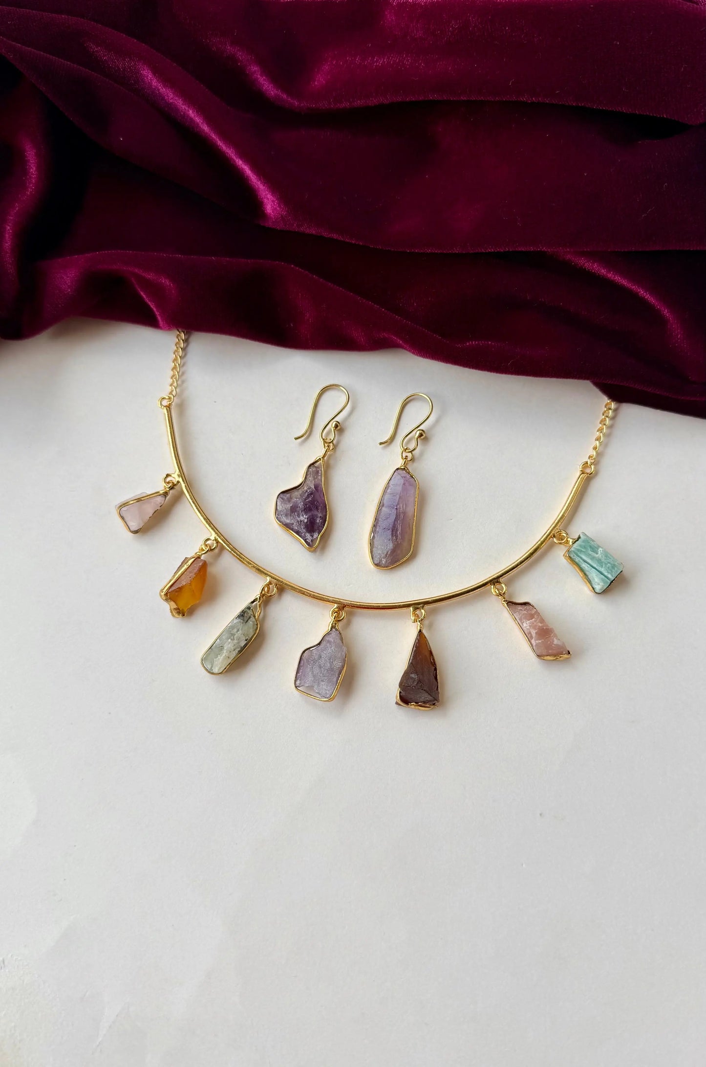 Raw Crystal Necklace & Earrings Set | Anti-Tarnish Brass Jewelry with Multicolor Gemstones