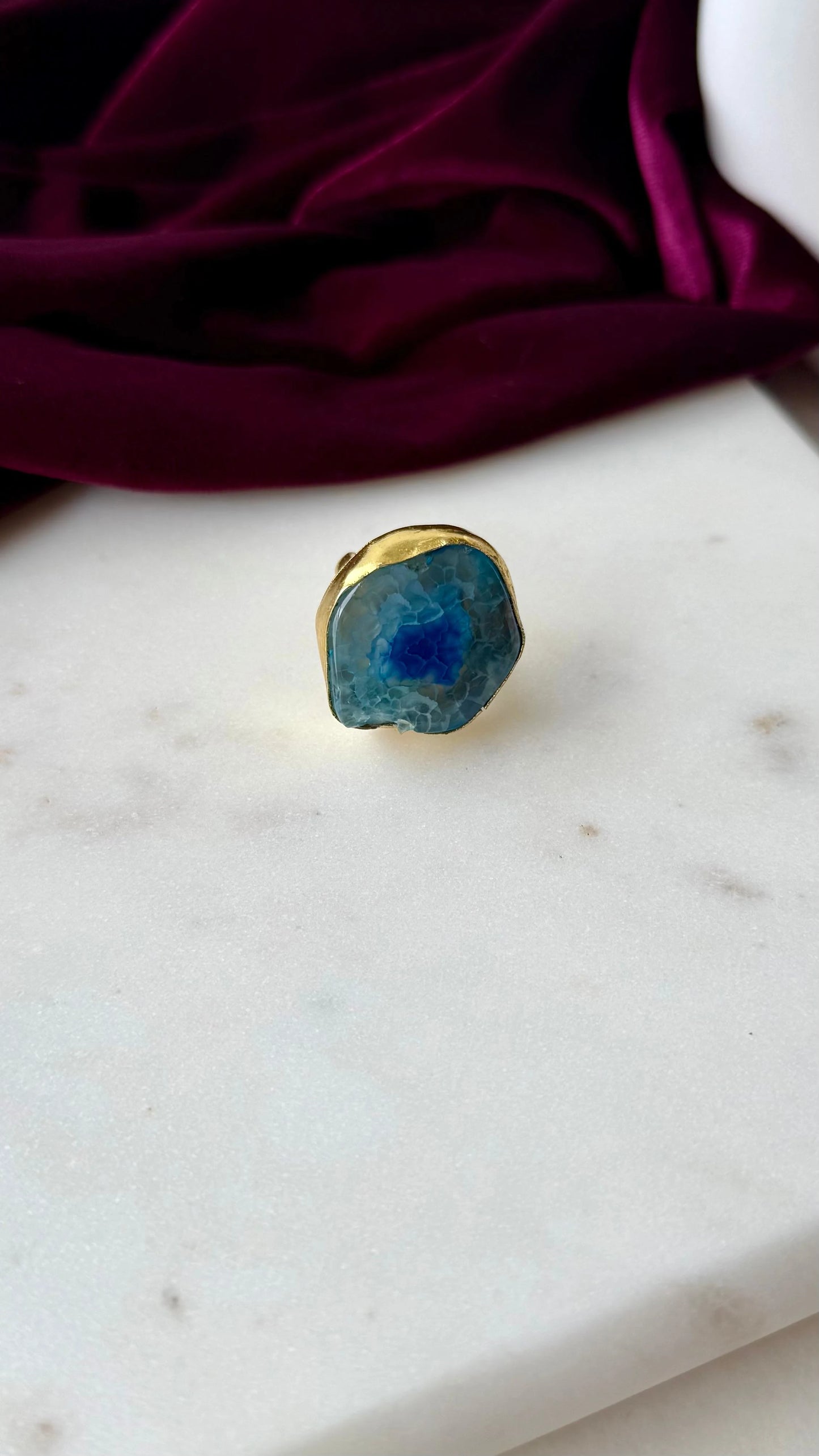 Natural Agate Statement Brass Ring – Handcrafted Adjustable Gemstone Jewelry
