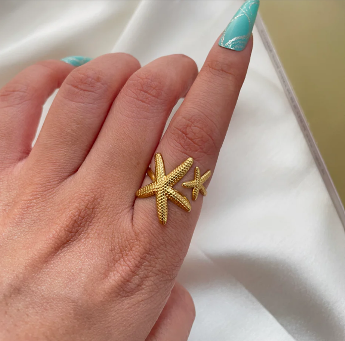 Anti-Tarnish Gold Starfish Ring – Adjustable Beach-Inspired Jewelry