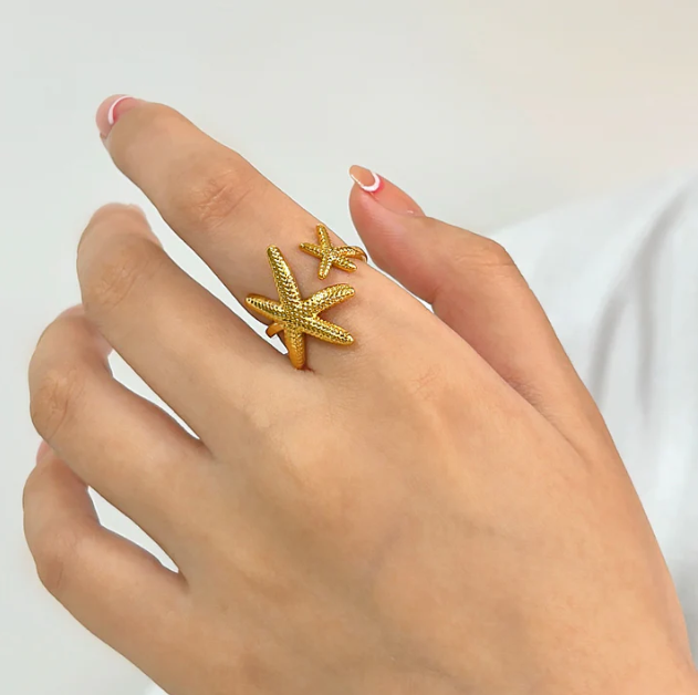 Anti-Tarnish Gold Starfish Ring – Adjustable Beach-Inspired Jewelry