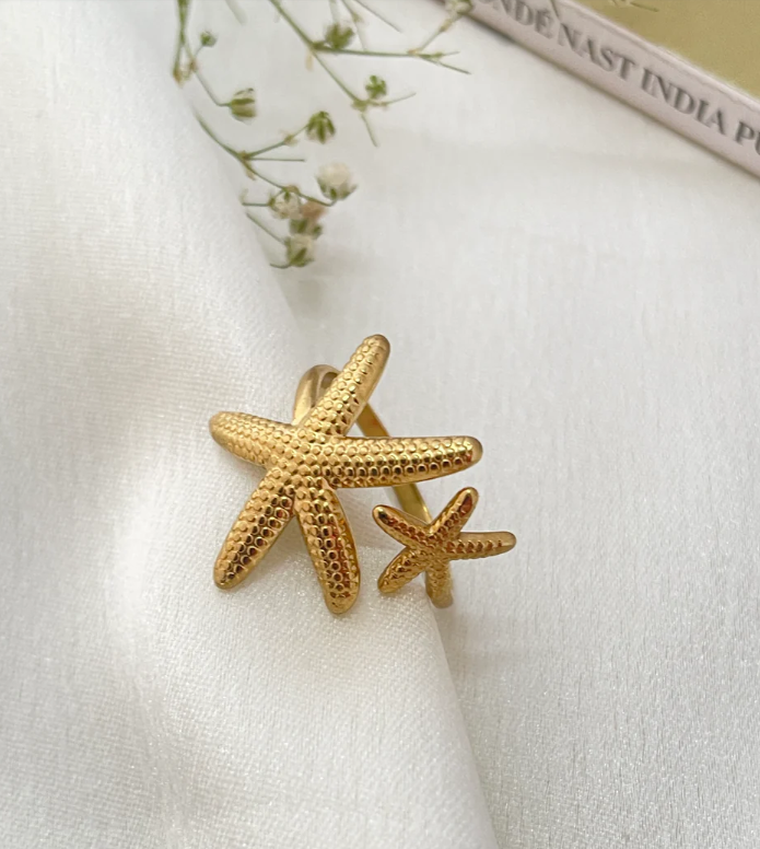 Anti-Tarnish Gold Starfish Ring – Adjustable Beach-Inspired Jewelry