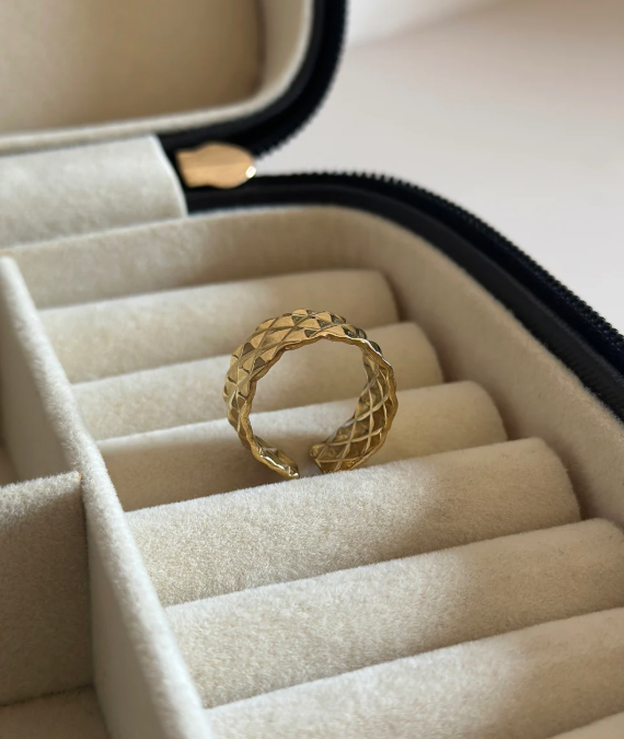 Gold Plated Pyramid Textured Ring | Stainless Steel Adjustable Anti-Tarnish Statement Band