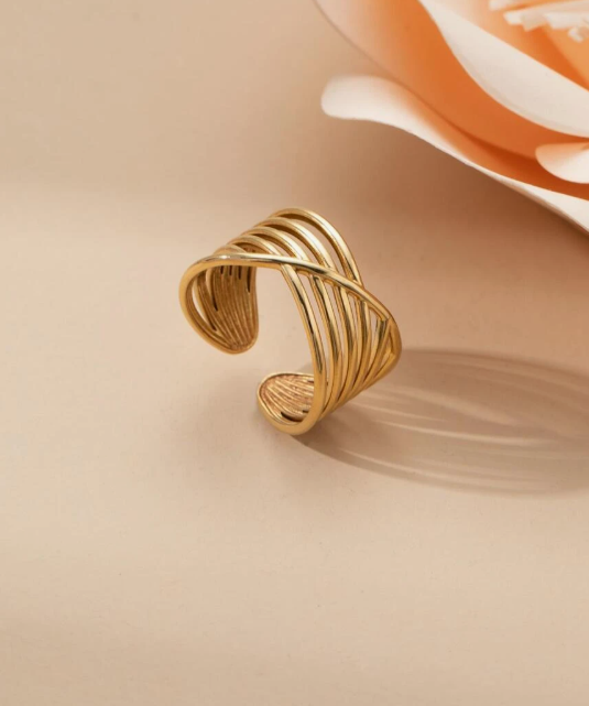 Gold Plated Stainless Steel Multi-Band Crossover Ring | Adjustable