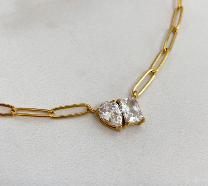 Gold Paperclip Chain Necklace with Dual Gemstone Pendant | Anti-Tarnish Stainless Steel | Elegant Statement Jewelry
