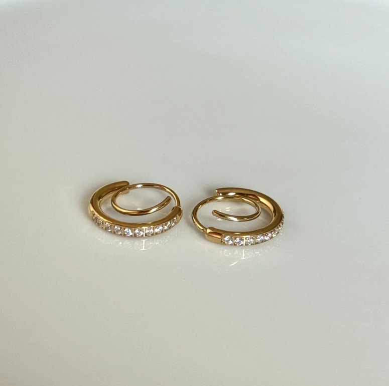 Gold Double Hoop Earrings with Crystal Detail | Trendy Minimal Hoops