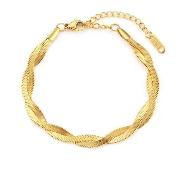 Elegant Twisted Gold Bracelet – Adjustable Herringbone Chain
