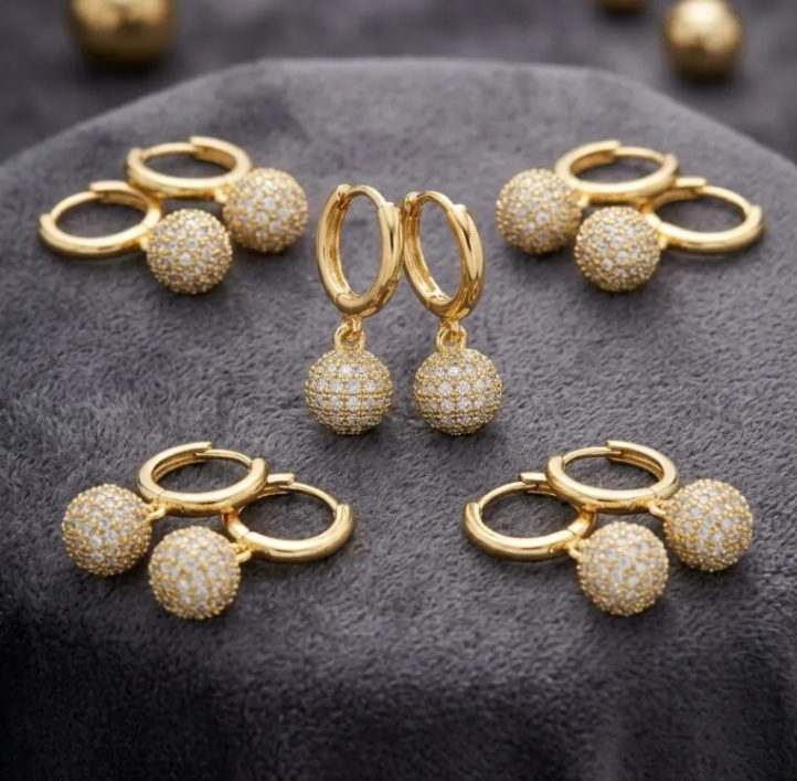 Gold Pave Ball Drop Huggie Hoop Earrings