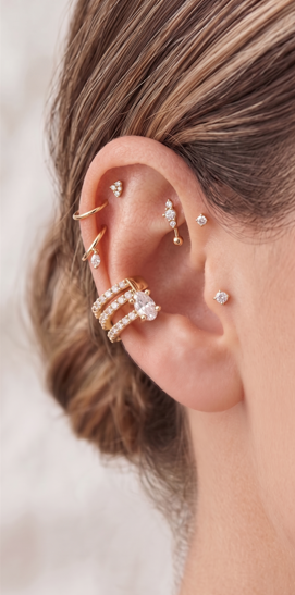 Gold Triple-Row Crystal Ear Cuff | Non-Piercing Cartilage Earring (Pair)