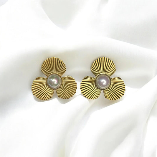 Gold floral pearl stud earrings