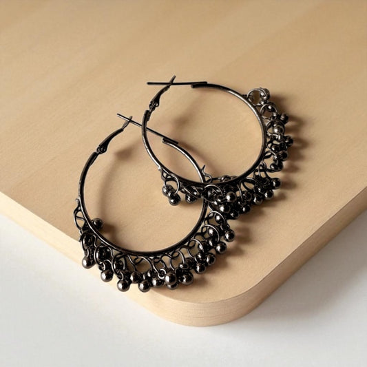 Oxidized Black Metal Hoop Earrings – Jhumki Bead Dangle Tribal Design