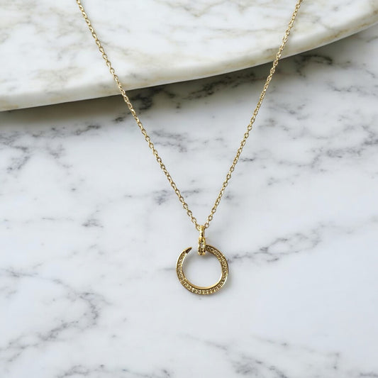 Gold-Plated Crescent Moon Pendant Necklace with Crystal Accents