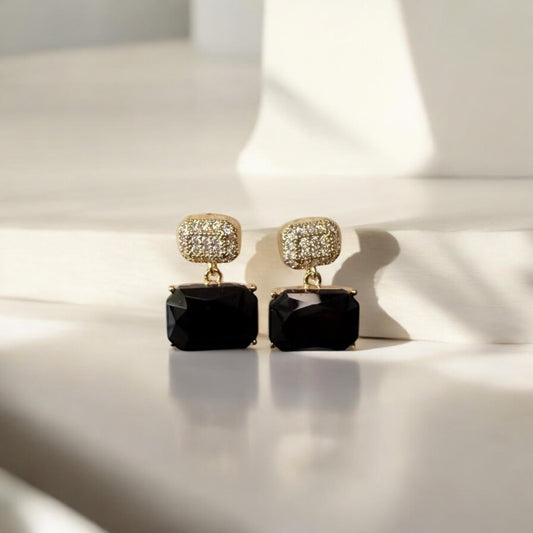 Elegant Black and Gold Crystal Drop Earrings with Rectangle Gemstone Accent