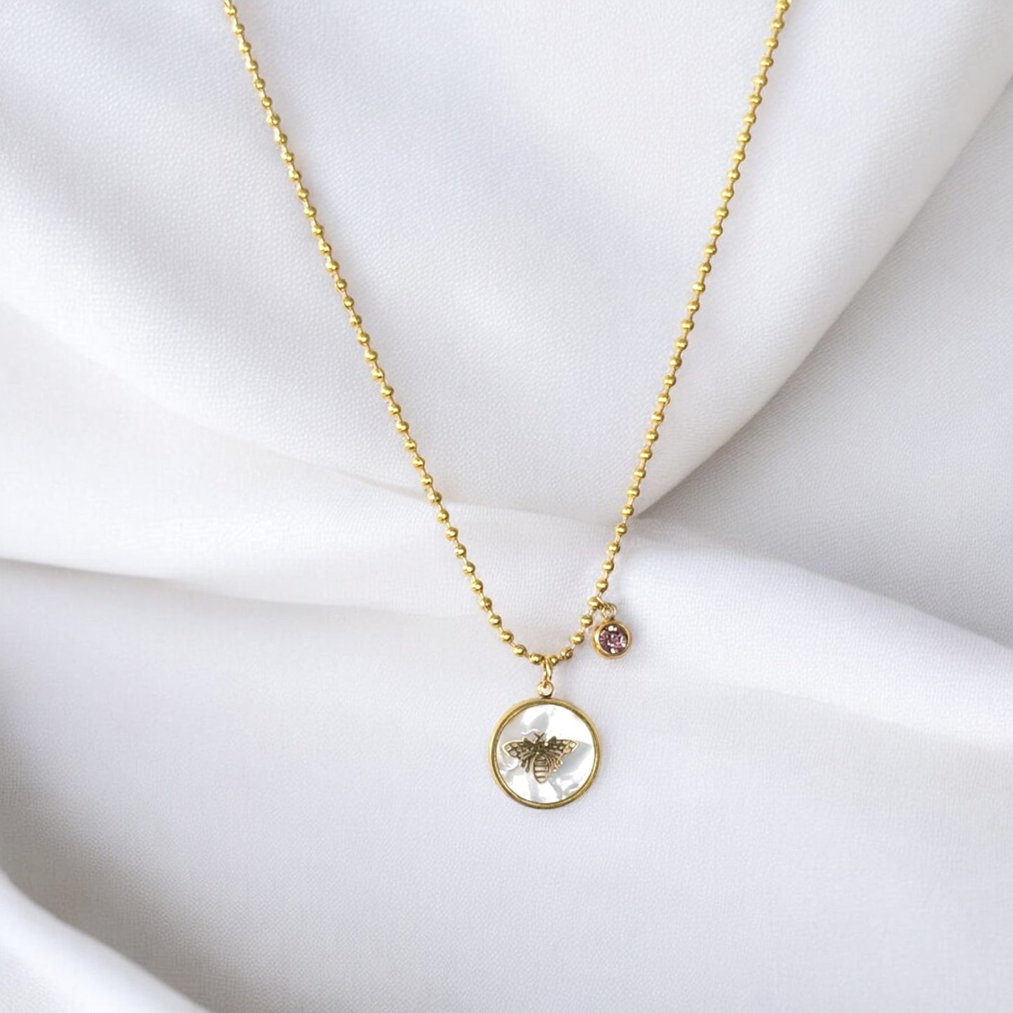 Charming Bee Pendant Necklace with Mother-of-Pearl Detail and Crystal Accent
