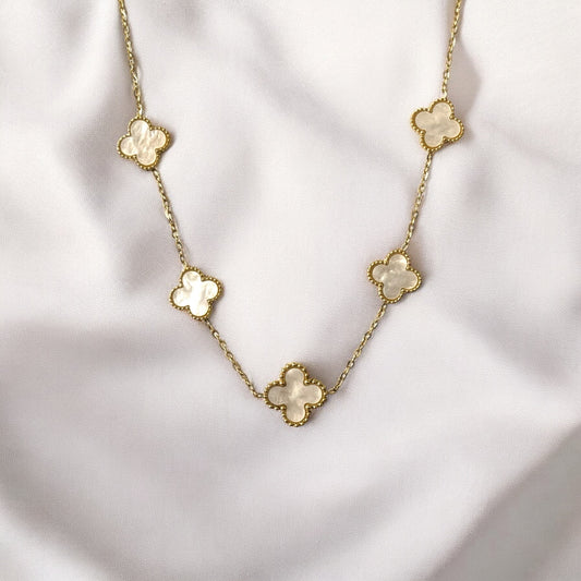 Elegant Gold Clover Necklace with Mother of Pearl Inlay - Four-Leaf Clover Pendant Chain