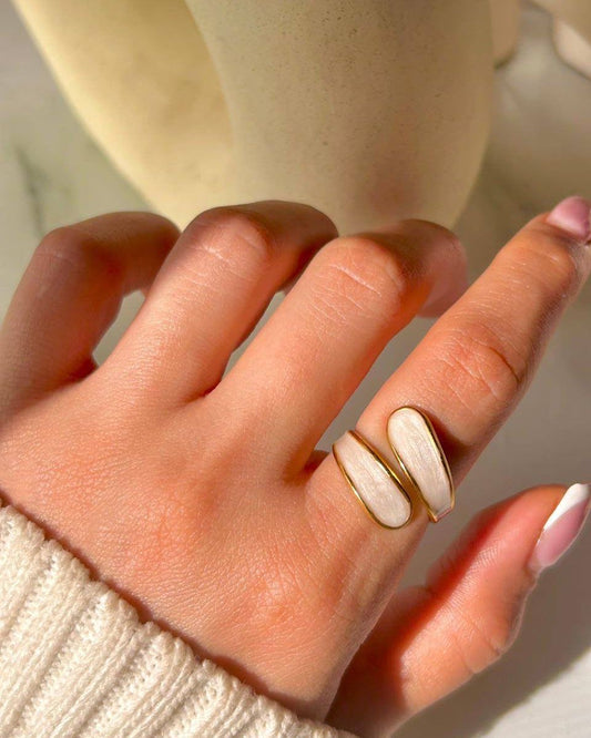 Gold-Plated Wave Ring with White Enamel – Elegant Adjustable Fashion Statement Ring