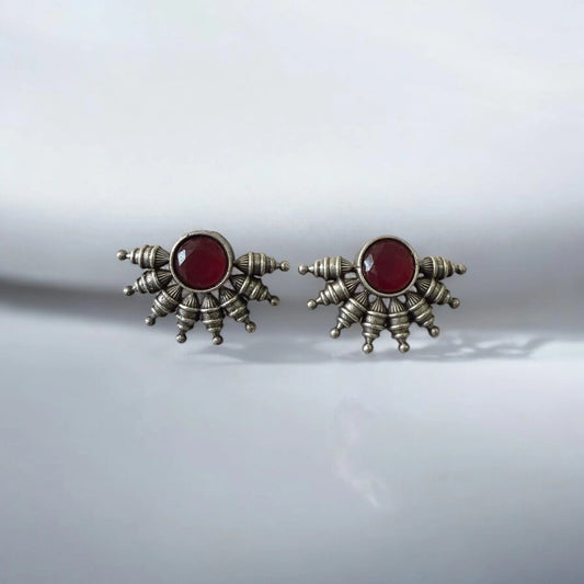 Antique Red Stud Earrings with Intricate Silver Detailing