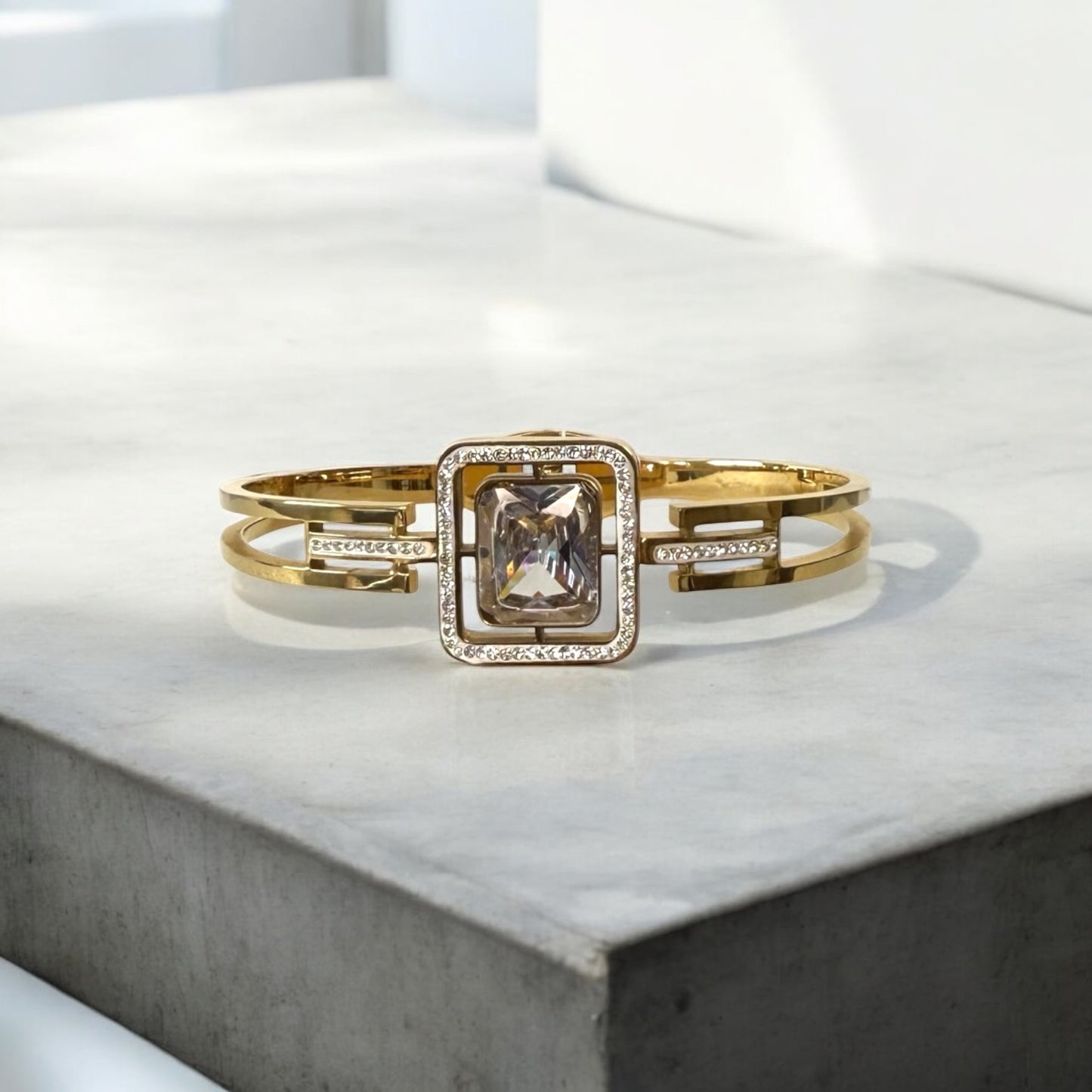 Luxury Gold-Plated Bracelet with White Square Crystal and Dual Band Sparkling Stone Accents