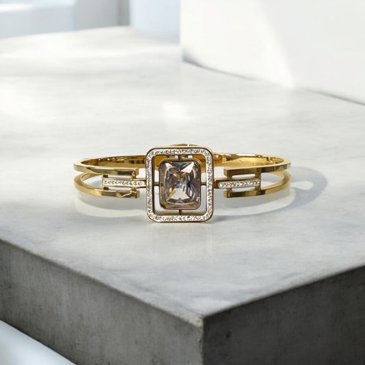 Luxury Gold-Plated Bracelet with White Square Crystal and Dual Band Sparkling Stone Accents