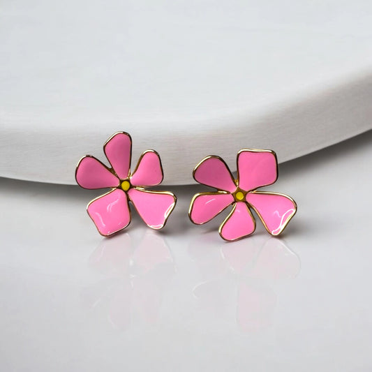 Charming Pink Flower Stud Earrings - Gold-Plated Stainless Steel - Lightweight Floral Jewelry