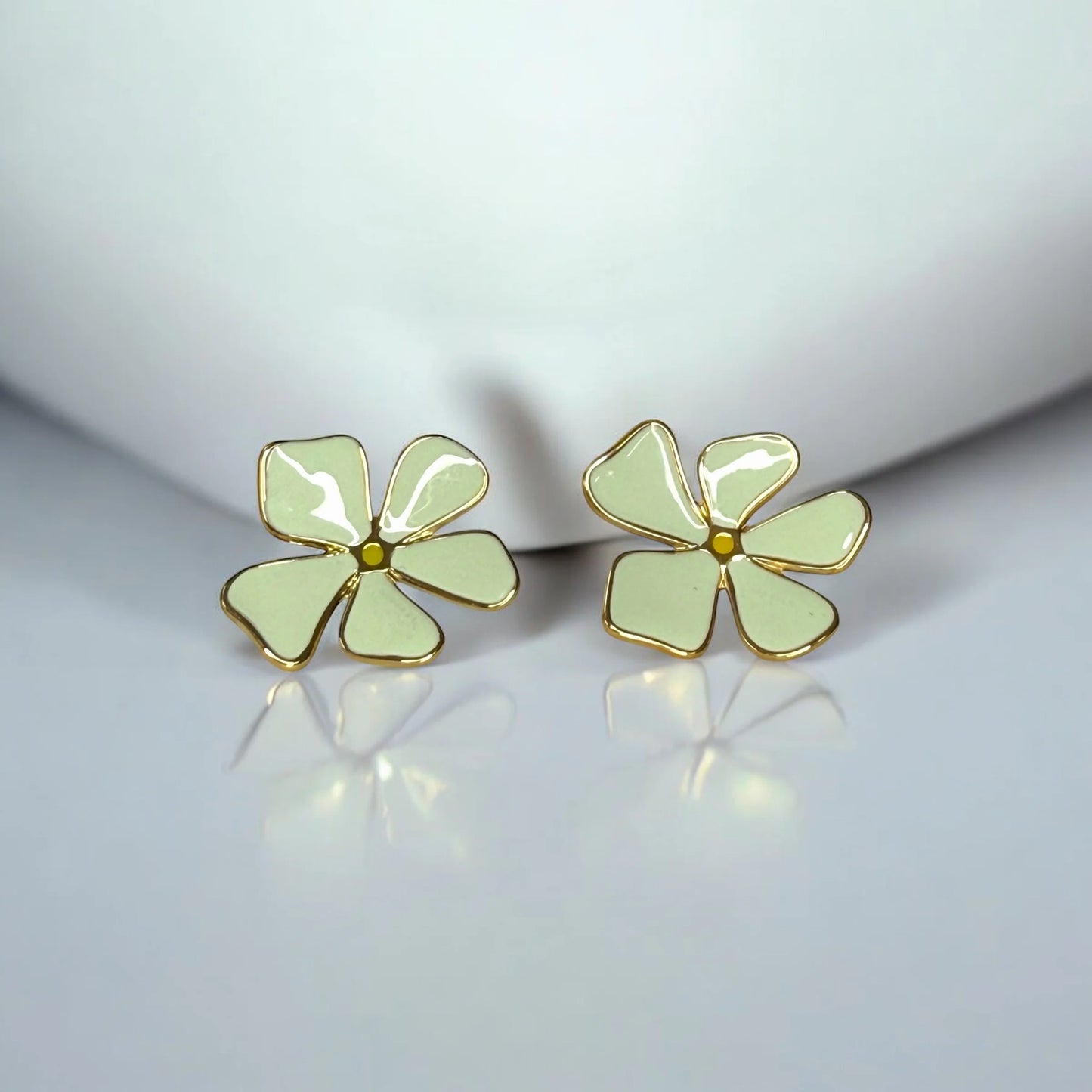 Elegant Flower-Shaped Stud Earrings - Gold-Plated Stainless Steel - Light Green Petals