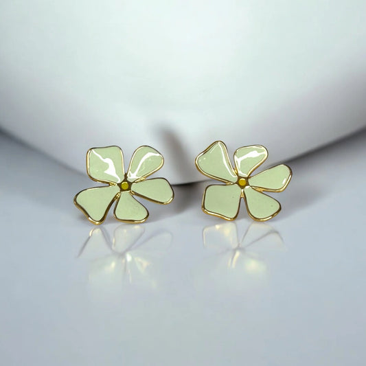 Elegant Flower-Shaped Stud Earrings - Gold-Plated Stainless Steel - Light Green Petals