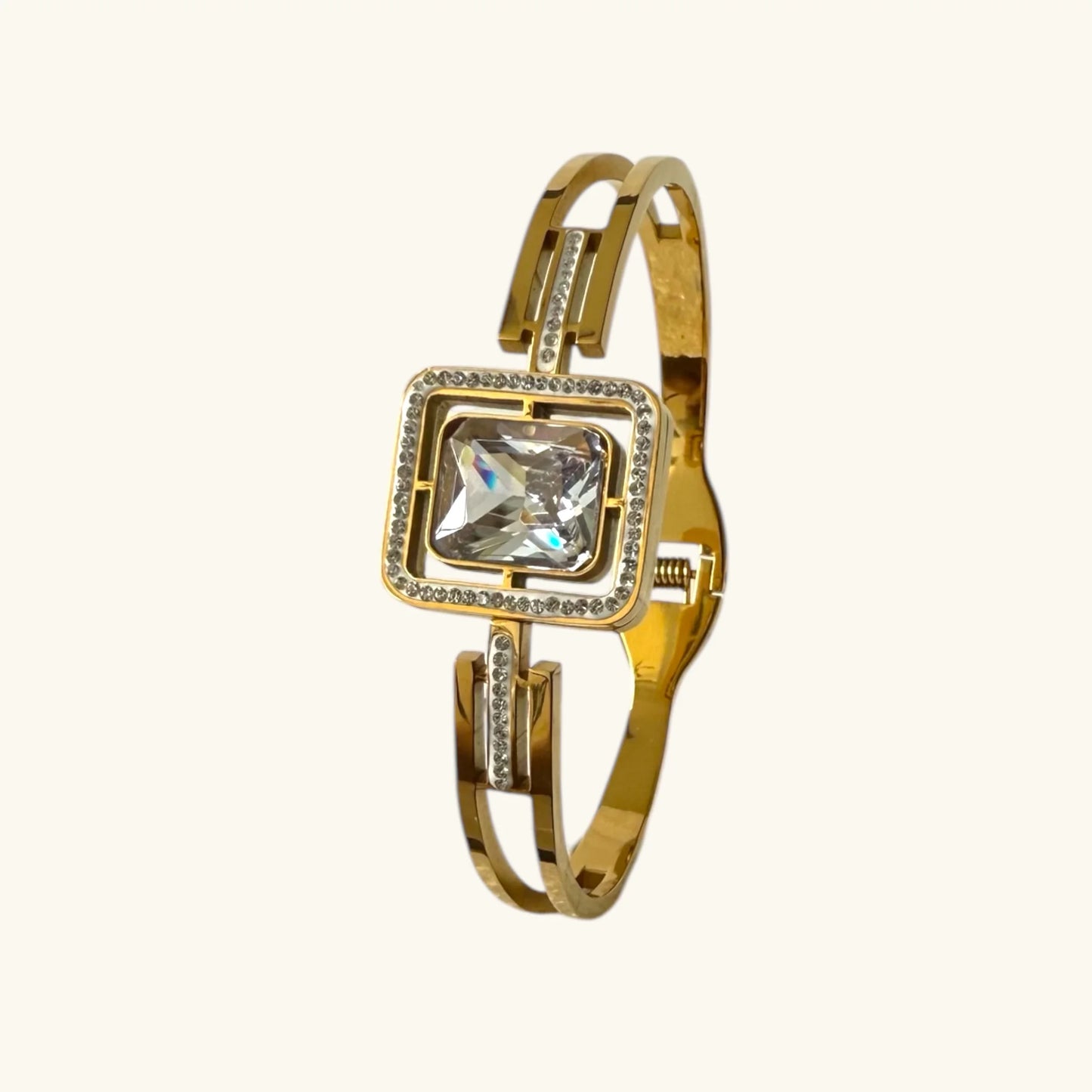 Luxury Gold-Plated Bracelet with White Square Crystal and Dual Band Sparkling Stone Accents