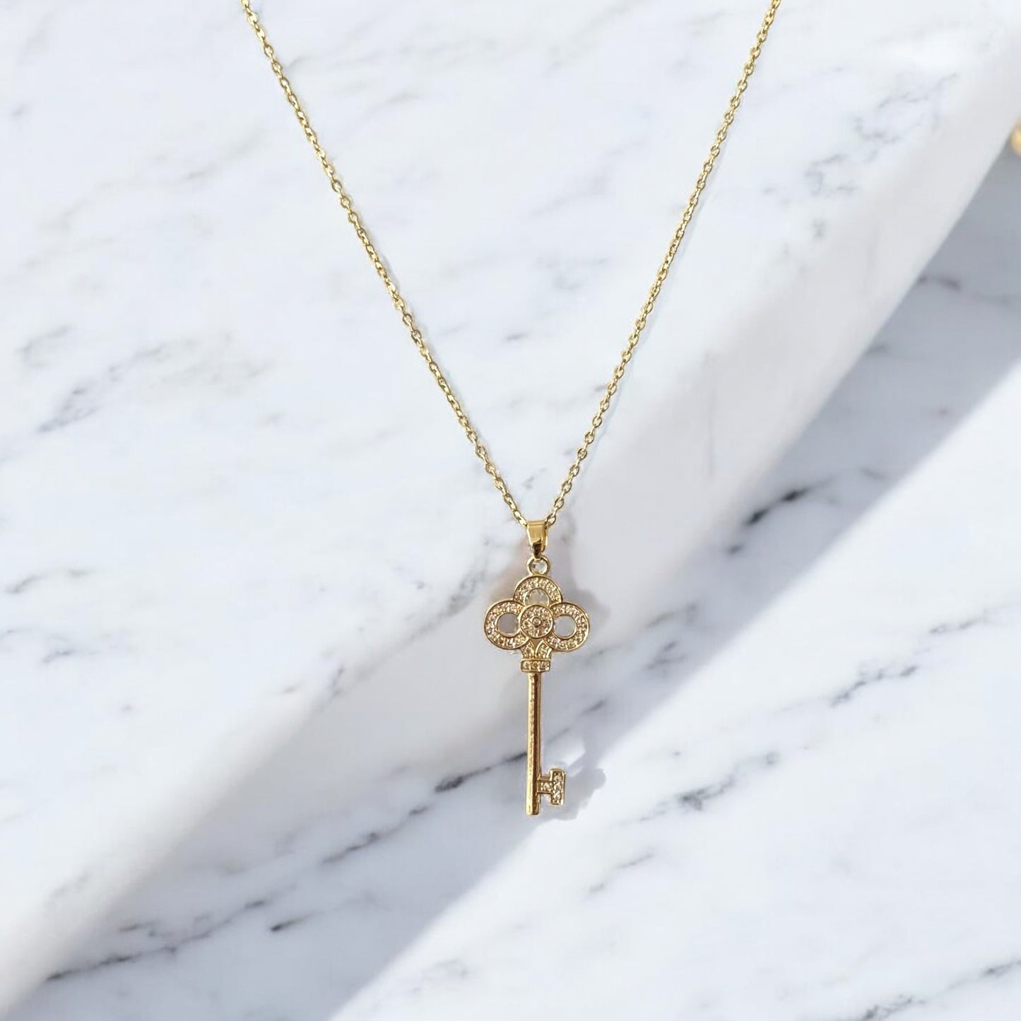 Gold-Plated Key Pendant Necklace with Crystal Detailing