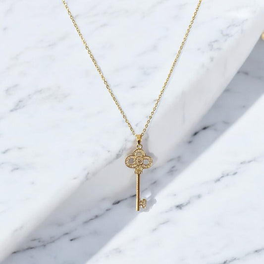 Gold-Plated Key Pendant Necklace with Crystal Detailing