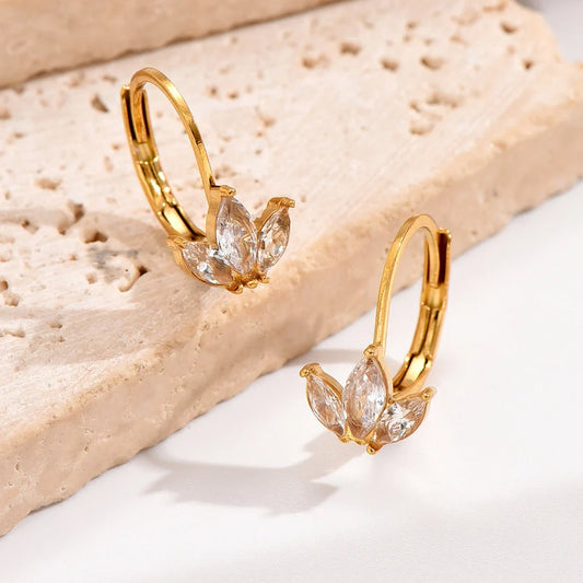 Elegant Gold Hoop Earrings with Marquise-Cut Zircon – Timeless Floral-Inspired Jewelry