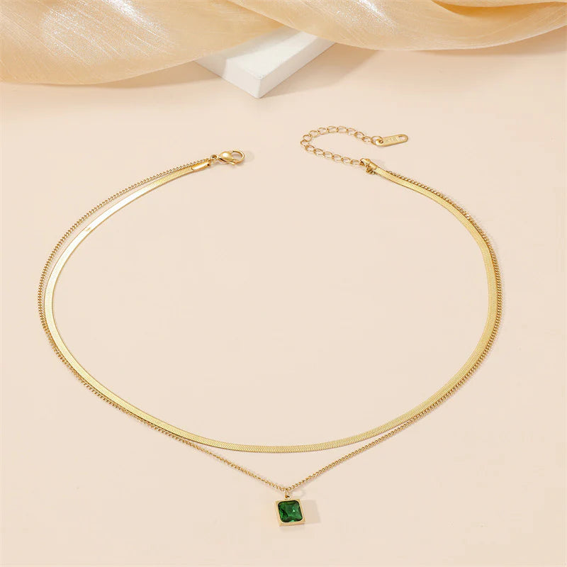 Gold Layered Necklace Set – Elegant Snake Chain with Green Gem Pendant