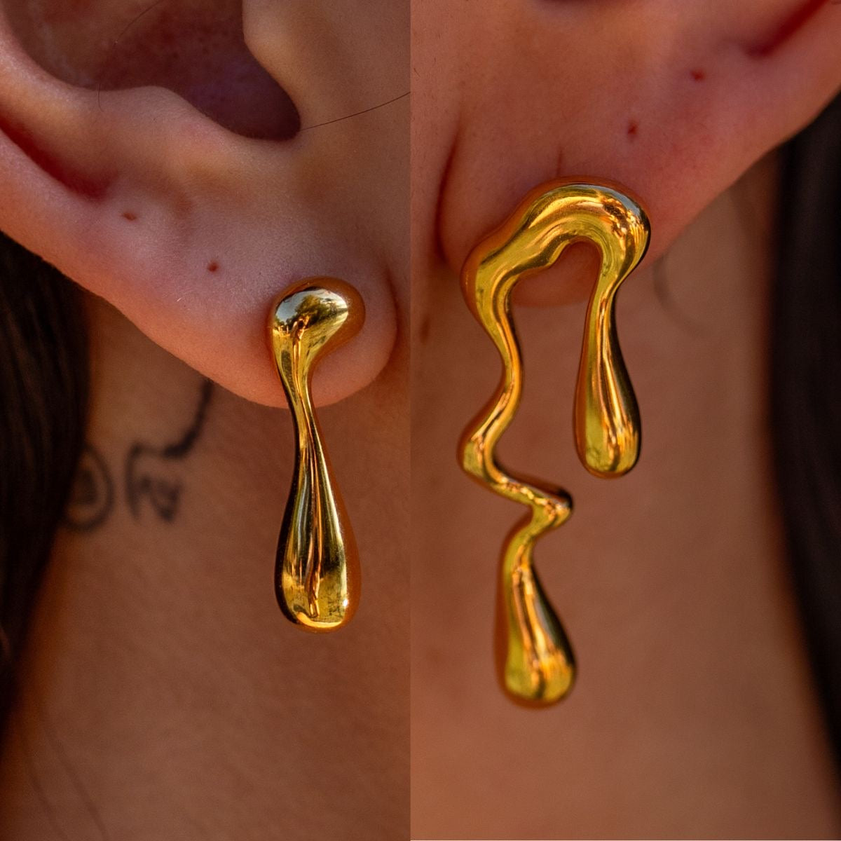 Anti-Tarnish Asymmetric Liquid Gold Drop Earrings – Modern Melted Metal Design