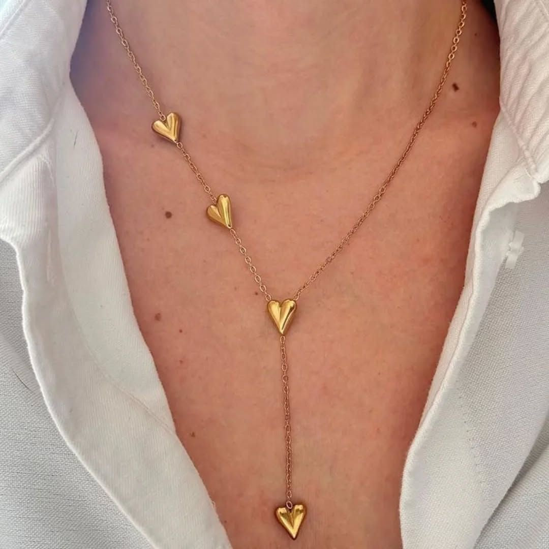 Gold-Plated Stainless Steel Layered Heart Chain Necklace for Women – Elegant Drop Design